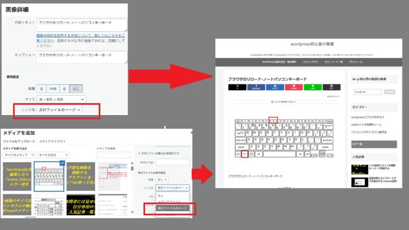 画像の追加・編集時にリンク先を〔添付ファイルのページ〕に設定すると記事内の画像をクリックしたときに同じサイズの画像を掲載したページに飛ぶ。-WordPress