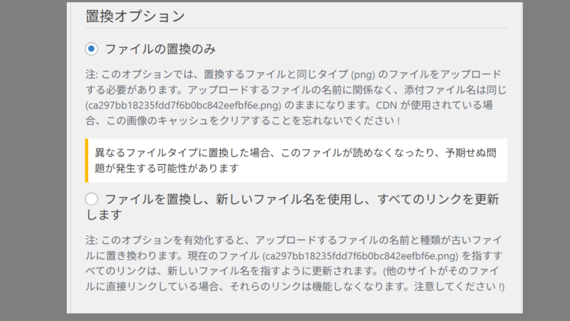 「ファイルの置換のみ」か「ファイルを置換し、新しいファイル名を使用し、すべてのリンクを更新します」を選ぶ-Enable Media Replace