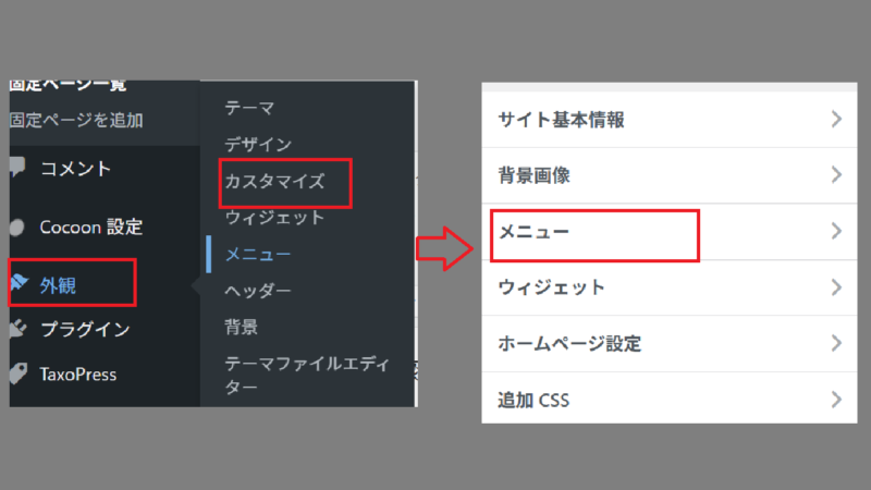 〔外観〕→〔カスタマイズ〕→〔メニュー〕-メニューの設定-WordPress