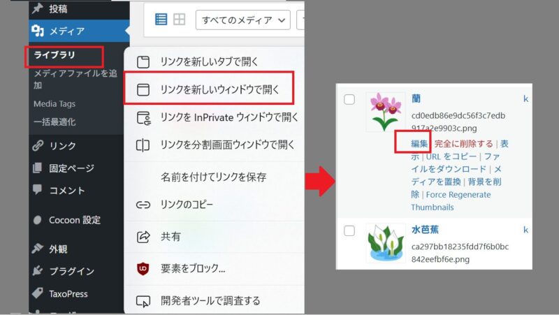 ライブラリを別ウィンドウで開いて、入れ替えたいファイルの編集を押す-Enable Media Replace
